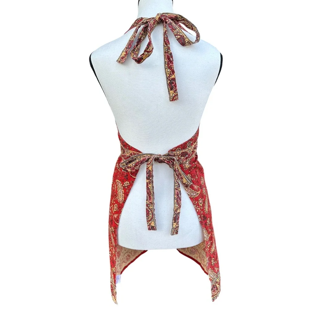 Red Paisley Cotton Halter Neck Apron Floral Boho Kitchen‎ Wrap Made in India